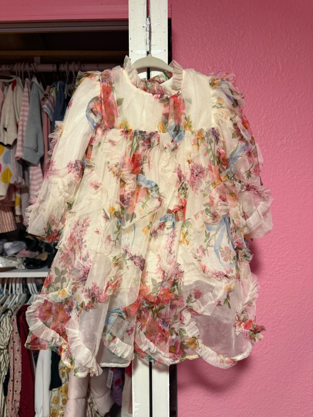 Floral Ruffle Baby/Toddler Dress in Ivory with Pink & Pastel Flowers